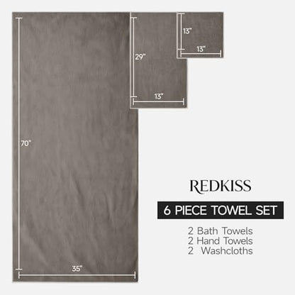 REDKISS Pack of 6 Towel Set - 2 Extra Large Bath, 2 Hand, 2 Washcloths, Ultra Soft & Highly Absorbent, Quicker to Dry, Brown Towels for Bathroom, Spa, Hotel, Gym - color: Brown