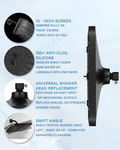 Square Shower Head, 6 Spray Modes High Pressure 10 Inch Black Shower heads, Rainfall & Massage Anti-Clog Nozzles Easy-Clean Surface for Spa Experience, Large Shower Head - color: Matte Black