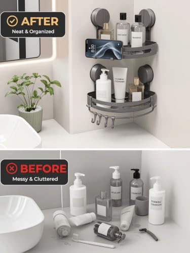 2 Pack No Drill Corner Shower Caddy, Dual-Lock, Towel Bar & Hooks | Suitable for smooth, flat, nonporous surfaces; keeps shampoo, razors, washcloths, and bath tools organized and accessible.