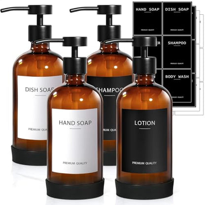 RYTOXILO Amber Glass Soap Dispenser 4 Pack, Hand Soap Dispenser Bathroom with Stainless Steel Pump, 16.9 Fl oz Hand and Dish Soap Dispensers Set Kitchen, Modern Brown Soap Lotion Dispensers Bottle - color: Amber, size: 4 Pack