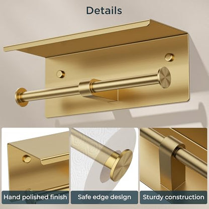 FORIOUS Toilet Paper Holder with Shelf, Commercial Toilet Paper Dispensers | Brushed Gold | Wall Mount Bathroom Tissue Holder | SUS304 Stainless Steel Rustproof | Double Tissue Roll Holder - color: Brushed Gold