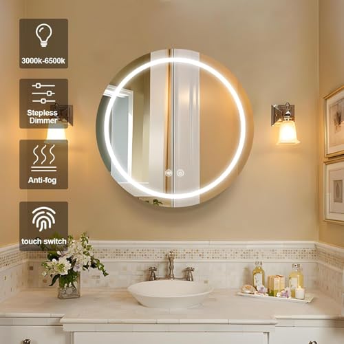 Round Medicine Cabinet with Light,3 Color Temperature,Dimmer,Defogger,32inch,White - color: White, size: 32inch