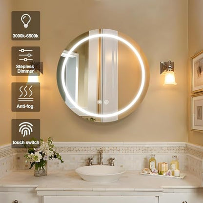 Round Medicine Cabinet with Light,3 Color Temperature,Dimmer,Defogger,32inch,White - color: White, size: 32inch
