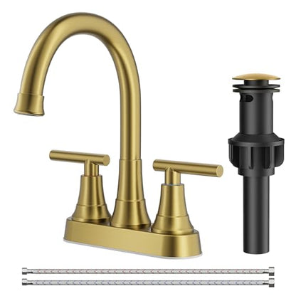 FORIOUS 4 Inch Gold Bathroom Faucet, Brushed Gold Centerset Bathroom Faucet | 4 Inch Bathroom Sink Faucet Gold with Pop up Drain and Lead-Free CUPC Hose, 2 Handle Gold Vanity Faucet Centerset, RV Remodel - color: Brushed Gold