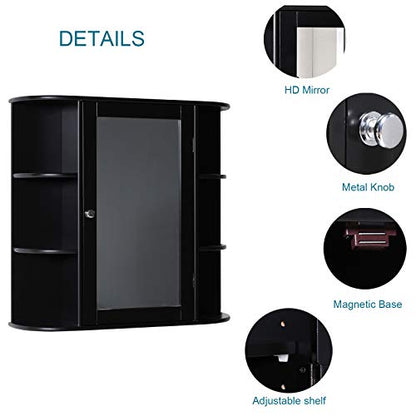 Iwell Bathroom Medicine Cabinet with Mirror, Wall Cabinet with 2 Adjustable Shelves & 6 Open Shelves, Bathroom Cabinet Wall Mounted, Over The Toilet Space Saver Storage Cabinet, Black - color: Black With Mirror