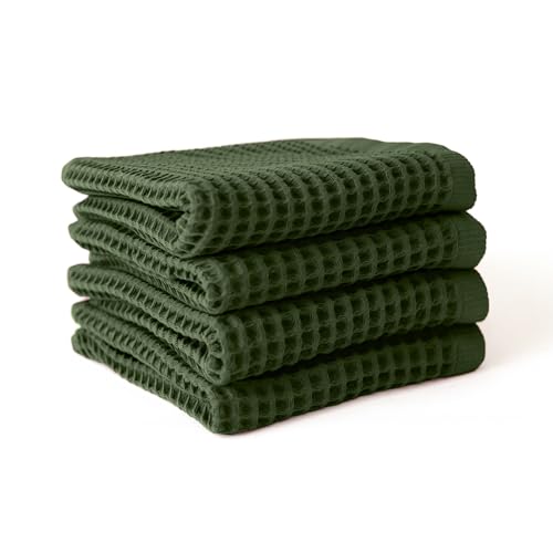 Premium Waffle Hand Towels Pack of 4 Extra Large 20x35 inch - 100% Turkish Cotton, Waffle Weave, Quick Dry, Lint Free, Super Absorbent Hand Bath Towel (Dark Green, Set of 4 Hand Towels) - color: Dark Green, size: Set of 4 Hand Towels