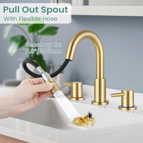 Brushed Gold Bathroom Sink Faucet 3 Hole with Pull Down Sprayer | Lead-free stainless steel, pop-up drain, 2-handle, 360°swivel, 8-inch widespread Faucet for RV/vanity sink, 3-hole mount - color: Brushed Gold, style: 8 Inch Pull Down