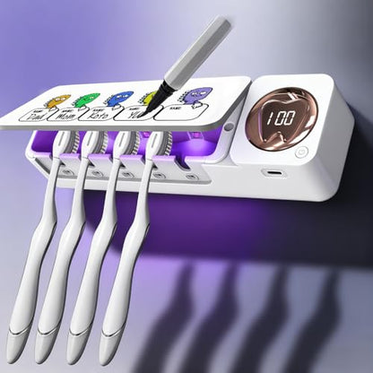 Toothbrush Holders Wall Mounted Name Labels No Drill for Family & Bathrooms | 5 name slots wall mount toothbrush holders, strong adhesive, fits electric/manual, 30-day bat, stops when open, HD display