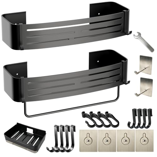 Black Adhesive Square Shower Caddy with Towel Bar, Soap Holder and Hooks | Adhesive black shower basket with towel bar, soap holder and hooks for smooth tile, glass, stainless steel and bathroom walls - color: Black