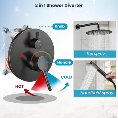 gotonovo Shower Faucet Set with Rough-in Valve Trim Kit,Oil Rubbed Bronze | 10 Inch Round Rain Showerhead with Handheld Spray,Bathroom Wall Mount Shower System Complete Combo,2-in-1 Diverter,All Metal - color: Bronze