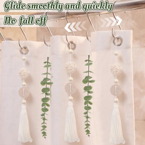 Set of 12 Boho Eucalyptus Shower Curtain Hooks Rings Rustic Farmhouse Decor Rustproof Metal Decorative Hanger Set for Home Bathroom Bedroom Baby Room Curtain Decor (Rattan) - style: Rattan