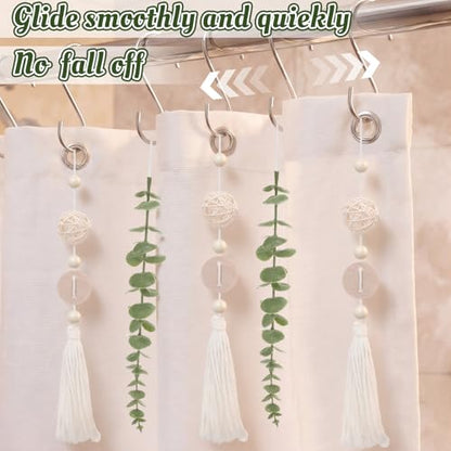 Set of 12 Boho Eucalyptus Shower Curtain Hooks Rings Rustic Farmhouse Decor Rustproof Metal Decorative Hanger Set for Home Bathroom Bedroom Baby Room Curtain Decor (Rattan) - style: Rattan