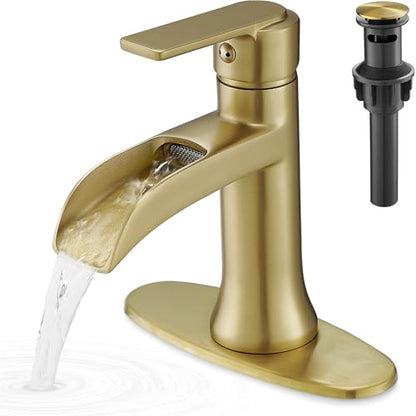 Brushed Gold Waterfall Bathroom Faucet Single Handle, 4 Inch 1 or 3 Hole Brass Bathroom Sink Faucets with Pop-Up Drain & Deck Plate for Vanity, Restroom, RV, Modern, 5 Mins Quick Install - color: Brushed Gold - Elegant