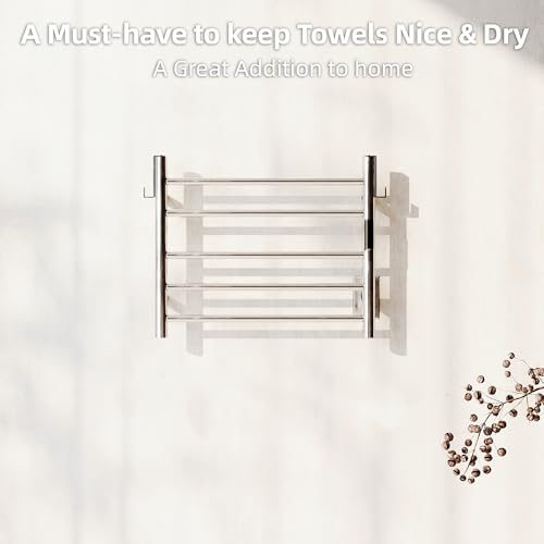 P&Dlusir EL13 Heated Towel Rack, Polished, 5 Bar | Fast Heat in 2 Min, Smart Timer, Thermo Control, Memory Functoion, Stainless Steel, Hard-Wired/Plug-in - color: Polished, size: 21.65"W x 17.72"H