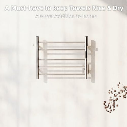 P&Dlusir EL13 Heated Towel Rack, Polished, 5 Bar | Fast Heat in 2 Min, Smart Timer, Thermo Control, Memory Functoion, Stainless Steel, Hard-Wired/Plug-in - color: Polished, size: 21.65"W x 17.72"H