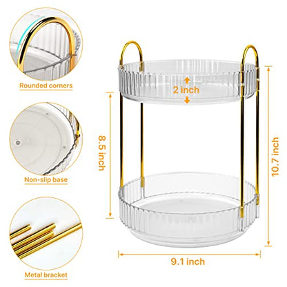 360 Spinning Makeup Organizer, Rotating Bathroom Makeup Holder Rack, Large Capacity Cosmetic Carousel Storage with 2 Tier Perfect for Dresser Bedroom Vanity (Clear)