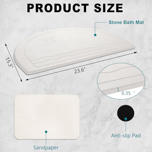Elfcool Stone Bath Mat Diatomaceous Earth Shower Mat Non Slip Quick Dry Bath Stone Mat Super Absorbent Bathroom Floor Mat for Bathroom Kitchen Counter (Off White-Half Round-Birds) - color: Off White-half Round-birds