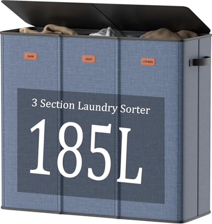 185L Laundry Hamper 3 Section with Lid, Navy Blue 3 Compartment Laundry hamper with 3 Removable Laundry Bags, Large Laundry Basket for Bedroom, Laundry Room, Dorm, - color: Navy Blue