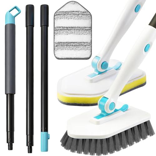 Long Handled Scrub Brush for Shower,3-in-1 Cleaning Brushes with 3 Different Function Cleaning Heads Brush for Shower Cleaning Bathroom Kitchen Walls Tub Tile (White) - color: White