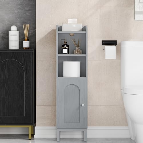 Hzuaneri Bathroom Storage Cabinet, Small Corner Floor Cabinet | Narrow Toilet Paper Holder, Bathroom Organizer with Adjustable Shelf, 2 Doors, for Small Spaces, Gray BC38221GR - color: Grey, size: 7.9"D x 9.8"W x 35.4"H