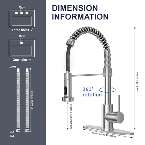 Kitchen Faucet with Pull Down Sprayer, Single Handle Pull Down Spring Sink Faucet, 1 Hole or 3 Hole Dual Function Sprayer for Farmhouses, Utility Rooms, RV's and Bars - color: Brushed Nickel, style: Spring