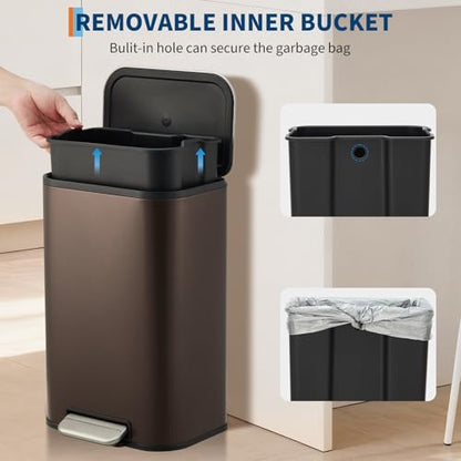 GarveeHome 3.2 Gal Stainless Steel Bathroom Trash Can with Lid, Brown | Rectangular Small Step Waste Bin, Hands-Free Foot Pedal, Removable Inner Bucket, Quiet Close, for Bedroom Restroom - color: Brown, size: 12 L