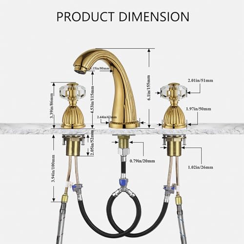 Shiny Polished Gold Widespread Bathroom Sink Faucet and Pop Up Drain