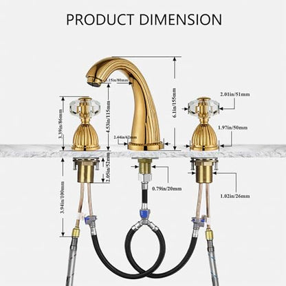 Shiny Polished Gold Widespread Bathroom Sink Faucet and Pop Up Drain