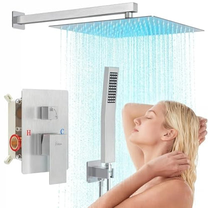 Hawkrown 12 Inch Luxury Rain Shower Faucet Set, Brushed Nickel Shower System with Rainfall Shower Head and Handheld Spray, SUS304 Stainless Steel and Solid Brass Wall Mounted Shower Valve Trim Kit - color: Brushed Nickel, size: 12 Inch