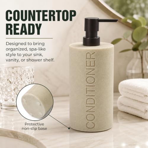 Resin Tan Sandstone Conditioner Engraved Bottle Refillable Pump Dispenser, Durable Waterproof Resin Construction for Bath, Shower - Tan Sandstone ORB Pump - color: Tan Sandstone Resin, Orb Pump - Conditioner