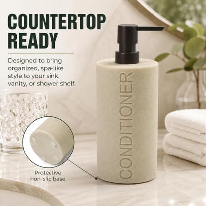 Resin Tan Sandstone Conditioner Engraved Bottle Refillable Pump Dispenser, Durable Waterproof Resin Construction for Bath, Shower - Tan Sandstone ORB Pump - color: Tan Sandstone Resin, Orb Pump - Conditioner