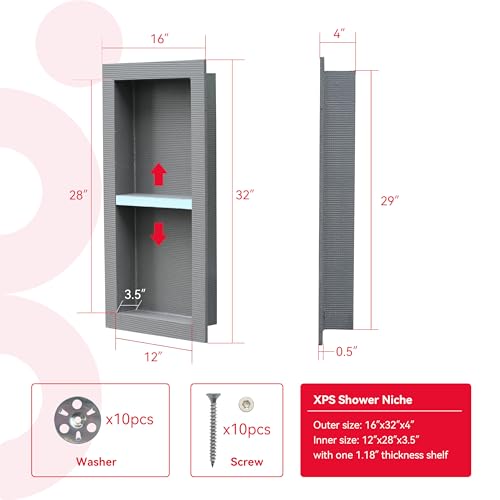 Shower Niche Insert Tile Ready 12x28 | Embedded size 13x29, mortar surface for strong tile bonding, waterproof coating for double water protection, double shelf - size: 12" x 28"