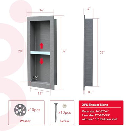 Shower Niche Insert Tile Ready 12x28 | Embedded size 13x29, mortar surface for strong tile bonding, waterproof coating for double water protection, double shelf - size: 12" x 28"