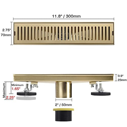 12 Inch Brushed Gold Linear Shower Drain, Removable Rectangle Shower Drain Capsule Pattern Cover Grate With Adjustable Horizontal Foot Thread Adapter, Brass Finish 304 Stainless