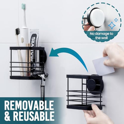 TAILI Patented Suction Cup Toothbrush Holder, Stainless Steel Anti-Puddling Shower Toothbrush Holder, No Drilling Removable Organizer for Bathroom Toothpaste, Razor, Kitchen and Office Items, Black - color: Black