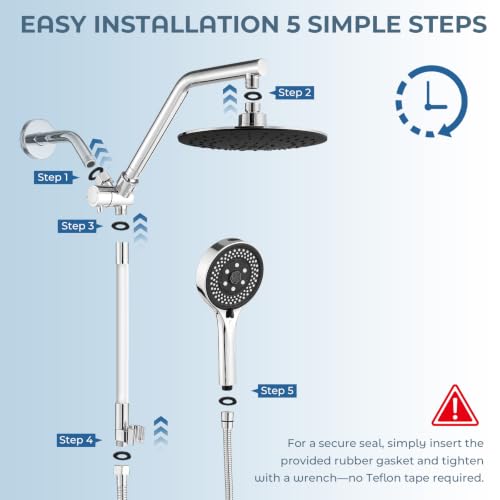 Rain Shower Head with Handheld Combo, Chrome Finish | 9" rainfall head, silicone slide bar, 3-way diverter, 59" SS hose, dual high-pressure spray, G1/2 fit, tool-free install
