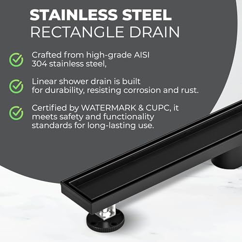 24-Inch Linear Shower Drain - 304 Stainless Steel | Reversible 2-in-1 Flat & Tile Insert Cover, Rectangular Floor Drain Set with Hair Catcher & Adjustable Leveling Feet - color: Matte Black, size: 24 Inch