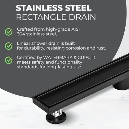 24-Inch Linear Shower Drain - 304 Stainless Steel | Reversible 2-in-1 Flat & Tile Insert Cover, Rectangular Floor Drain Set with Hair Catcher & Adjustable Leveling Feet - color: Matte Black, size: 24 Inch