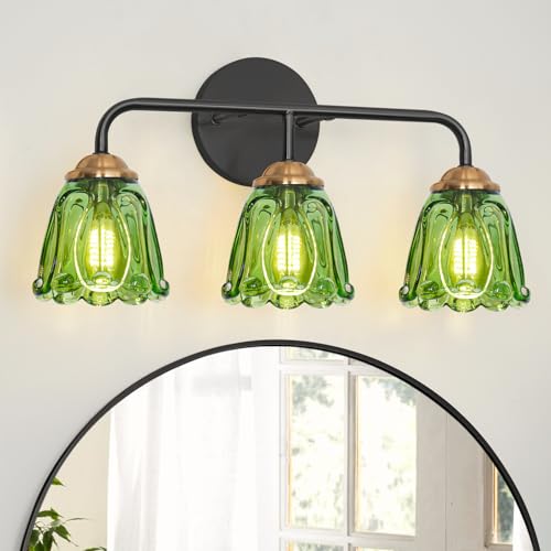Vintage 3 Light Vanity Light, Black and Gold Bathroom Vanity Light, Bathroom Light Fixtures with Green Glass Shade, Antique Vanity Light Fixtures Over Mirror, Wall Sconce for Bedroom, Living Room - color: Green, size: 18.1in