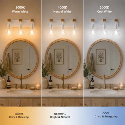 Farmhouse Vanity Light Fixture,3-Light Bathroom Lighting,White Modern Wood Wall Light Over Mirror with Metal Shade,Bulbs NOT Included - color: White, size: 3-Light-Wide 18"