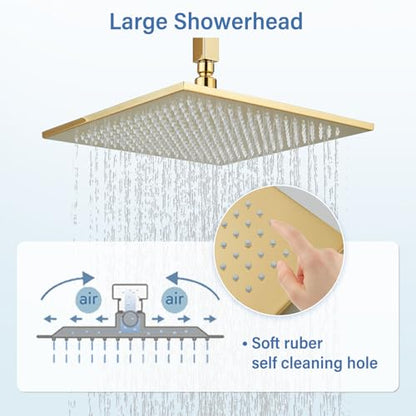 Polished Gold Shower System 12 Inch LED Square Rainfall Shower Head Ceiling Mount Shower Faucet Set with Hand Sprayer Rough-in Valve Trim Kit Bathroom Mixer Shower Combo Set - color: Gold, style: 12"-led