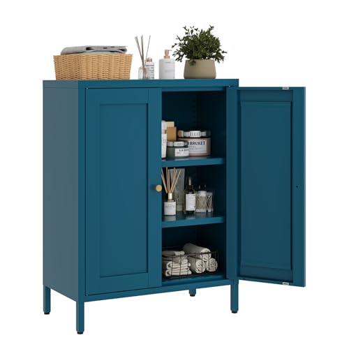 Metal Floor Storage Cabinet, Small Freestanding Sideboard Storage with 2 Adjustable Shelves for Bathroom Entryway Living Room Dining Room Coffee bar Kitchen,11.8"D x 23.6"W x 31.5"H,3-Tier,Teal Blue - color: Blue, size: 11.8"D x 23.6"W x 31.5"H