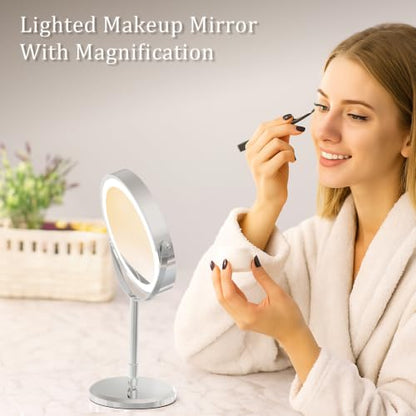 1X/10X Double Sided Travel Makeup Mirror with Lights, Chrome | 7" Lighted Makeup Mirror with Magnification for Traveling, Standing Alone, Rechargeable, Dimmable, 3 Lighting Colors, Silver