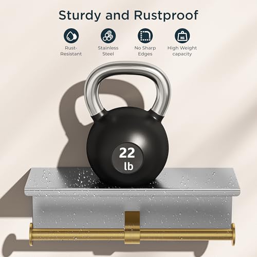 FORIOUS Toilet Paper Holder with Shelf, Commercial Toilet Paper Dispensers | Stainless Steel & Gold | Wall Mount Bathroom Tissue Holder | SUS304 Stainless Steel Rustproof | Double Tissue Roll Holder - color: Stainless Steel & Brushed Gold