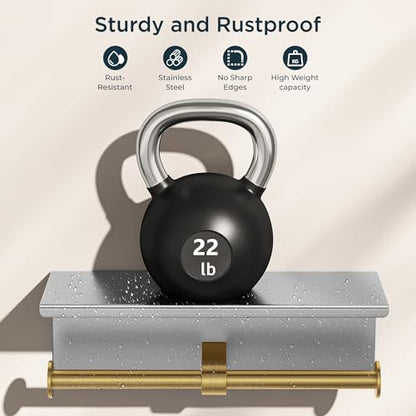 FORIOUS Toilet Paper Holder with Shelf, Commercial Toilet Paper Dispensers | Stainless Steel & Gold | Wall Mount Bathroom Tissue Holder | SUS304 Stainless Steel Rustproof | Double Tissue Roll Holder - color: Stainless Steel & Brushed Gold