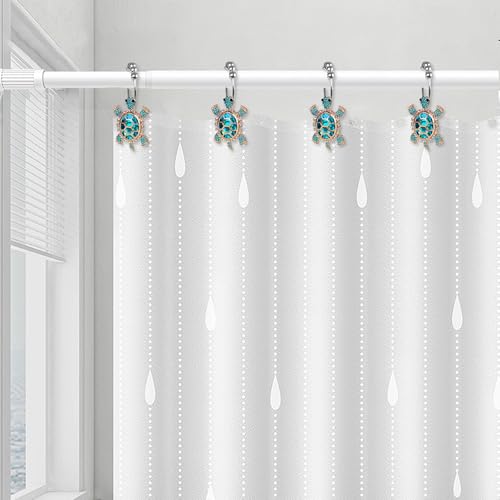 Sapphire Sea Turtle Decorative Shower Curtain Hooks Set,12 PCS,Roller Ball, Stainless Steel,Cute Ocean Animal Decor, Beach Shower Rings,Rustproof,Bathroom, Blue & Golden & Rhinestone