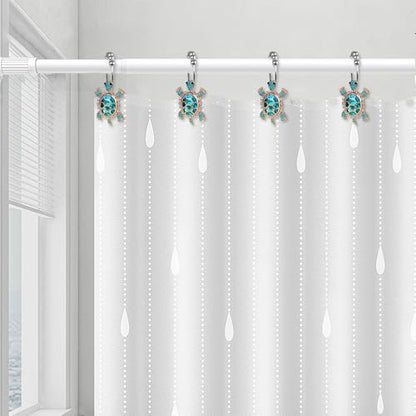 Sapphire Sea Turtle Decorative Shower Curtain Hooks Set,12 PCS,Roller Ball, Stainless Steel,Cute Ocean Animal Decor, Beach Shower Rings,Rustproof,Bathroom, Blue & Golden & Rhinestone