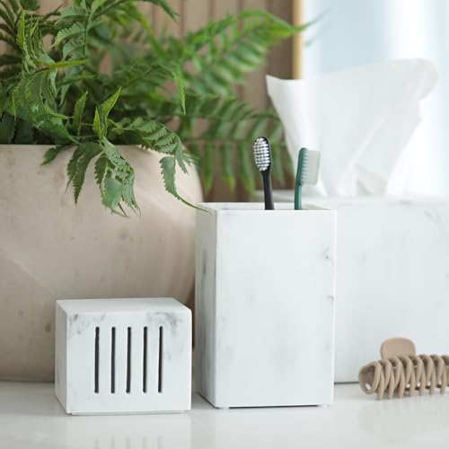 Toothbrush Holder with Lid, Elegant White Marble Bathroom Toothbrush & Toothpaste Organizer – Blanc Collection - color: White Marble