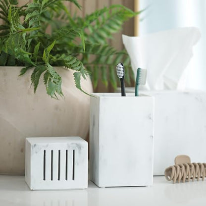 Toothbrush Holder with Lid, Elegant White Marble Bathroom Toothbrush & Toothpaste Organizer – Blanc Collection - color: White Marble