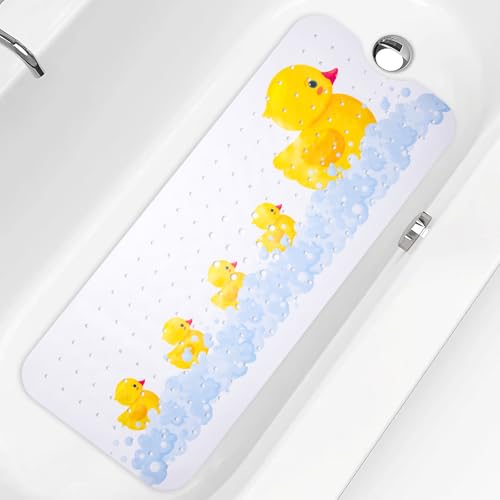 PRATIQUE Kids Bath Mat for Tub Non Slip，40 X 16 Inch Extra Long Kids Bathtub Mat Duck Print Bathtub Shower Mat Safety Anti Slip with Suction Cups and Drain Holes, Machine Washable - color: Yellow Duck